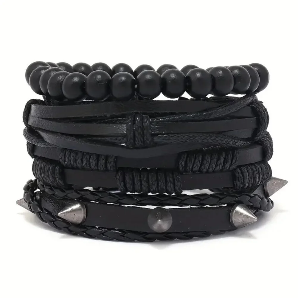 Stackable Cuff Bracelet Leather 4pc Black Spike Beads Goth Edgy Rock Statement